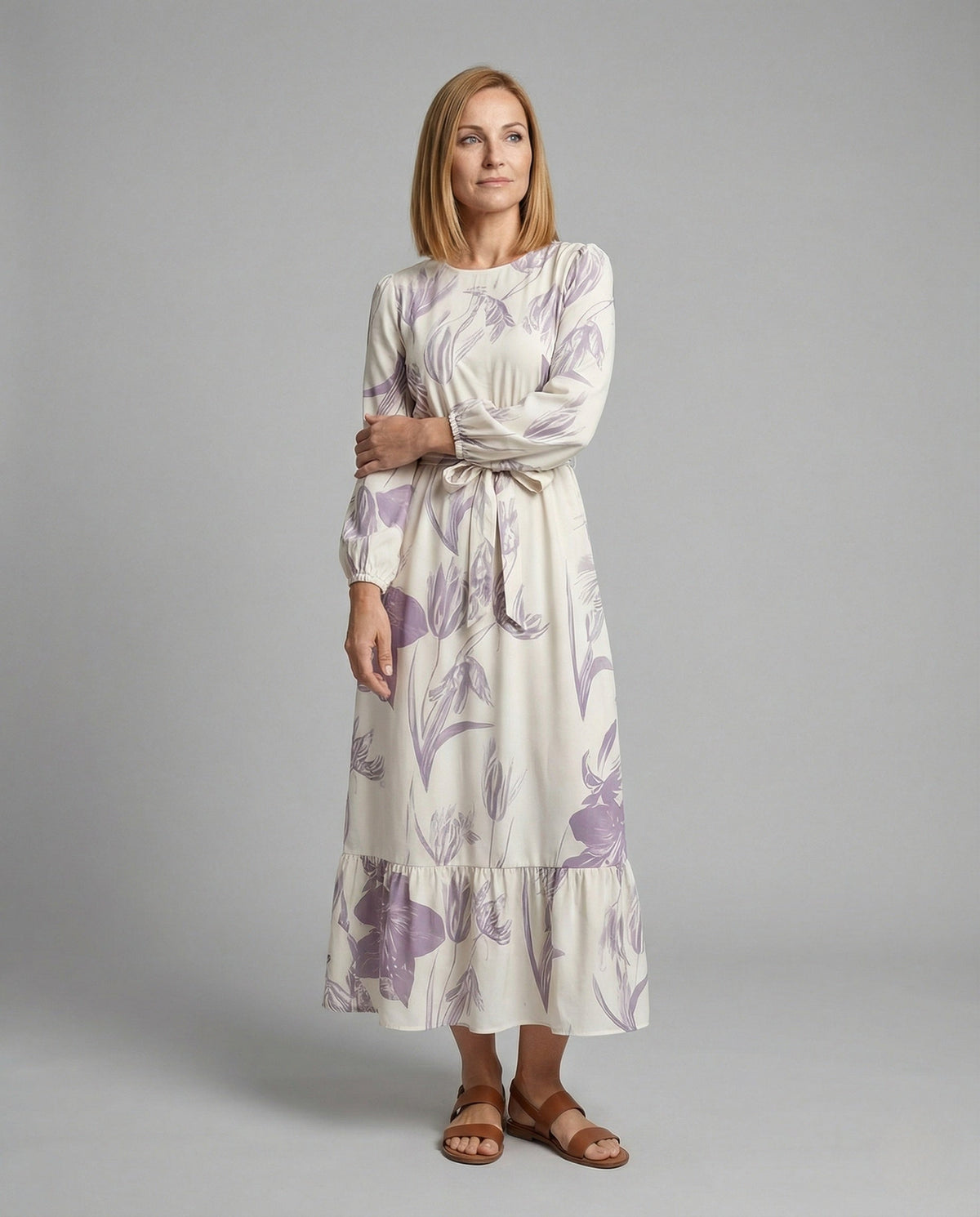 Women's Maxi Dress with Balloon Sleeves and Ruffle Hem - Front View