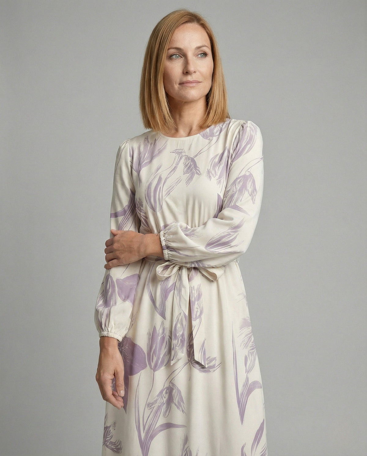 Women's Maxi Dress with Balloon Sleeves and Ruffle Hem - Upper Body View