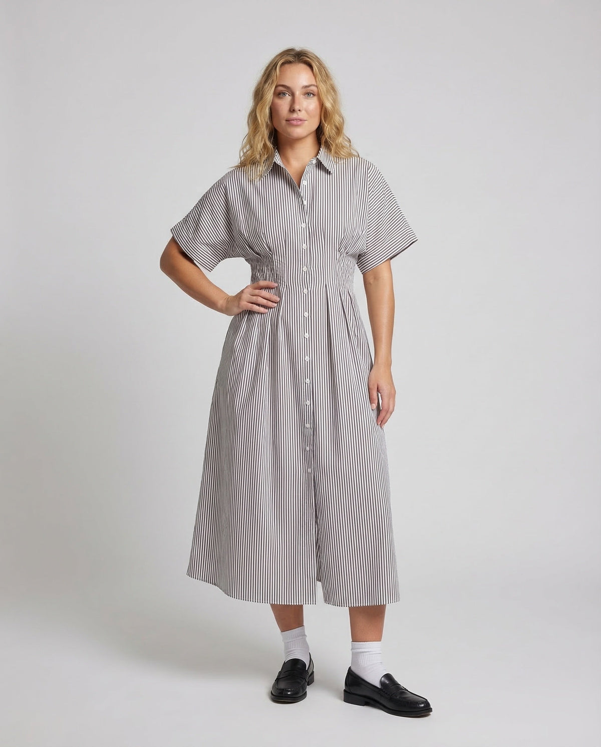 Women's Striped Shirt Dress with Button Placket - Front View