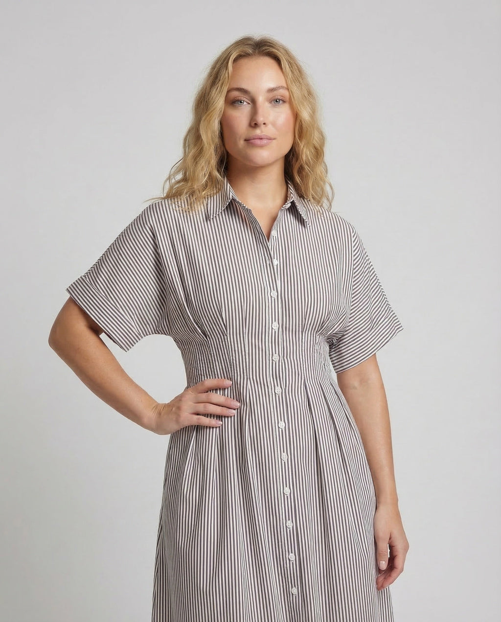 Women's Striped Shirt Dress with Button Placket - Upper Body View