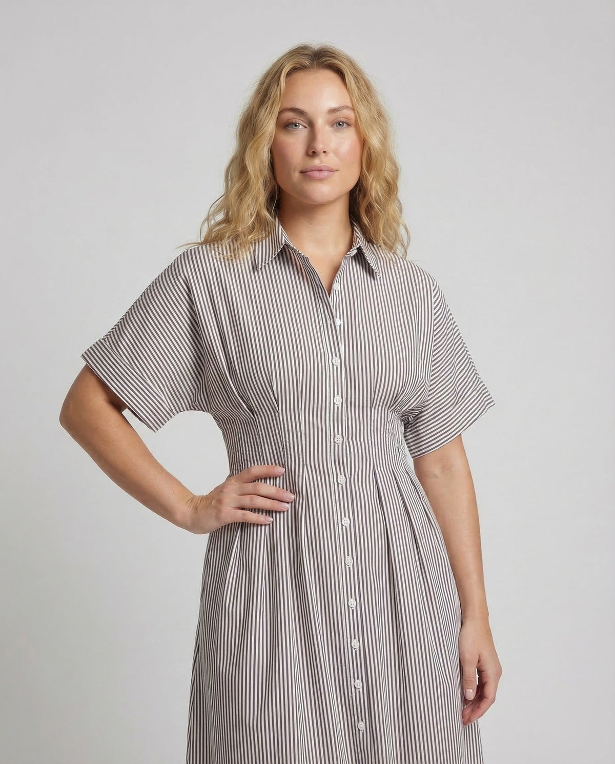 Women's Striped Shirt Dress with Button Placket - Upper Body View