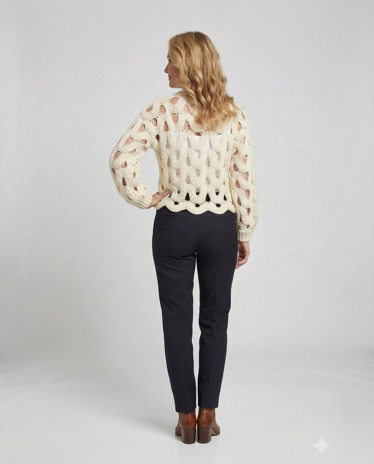 Women's Oversized Knit Sweater with Hole Pattern - Back View
