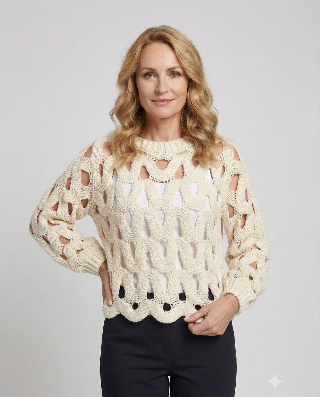 Women's Oversized Knit Sweater with Hole Pattern - Upper Body View
