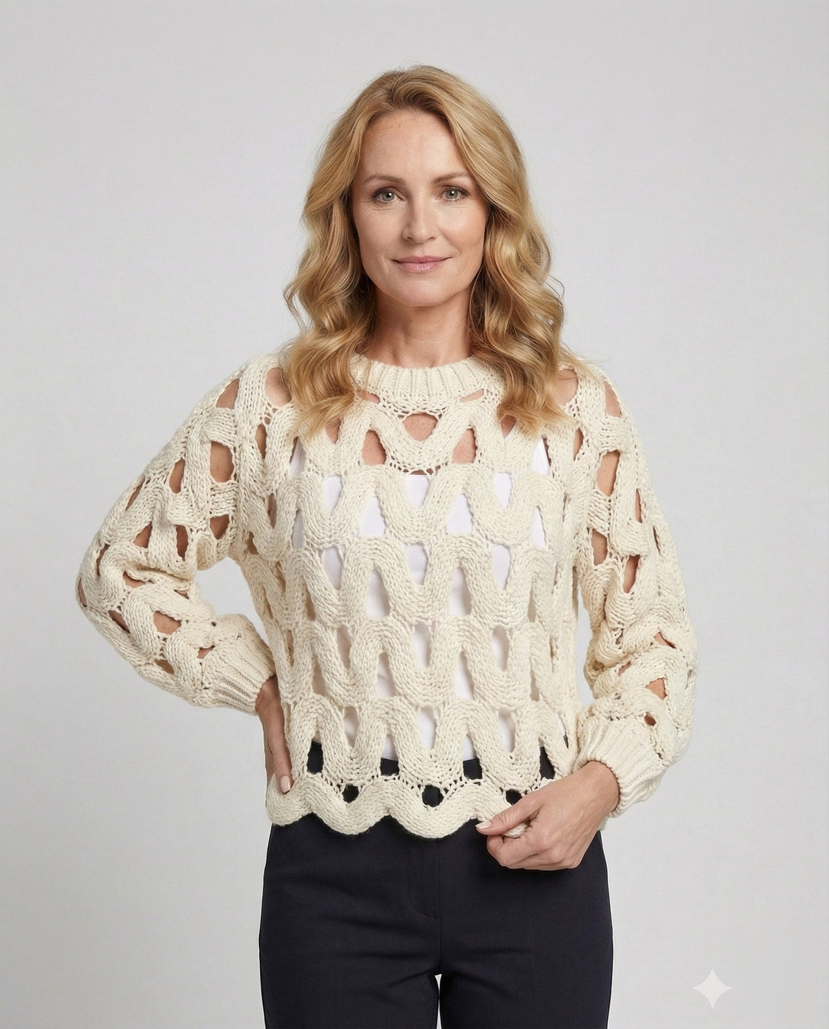 Women's Oversized Knit Sweater with Hole Pattern - Upper Body View