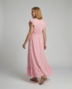 Women's Maxi Dress with V-Neck and Ruffled Sleeves - Back View