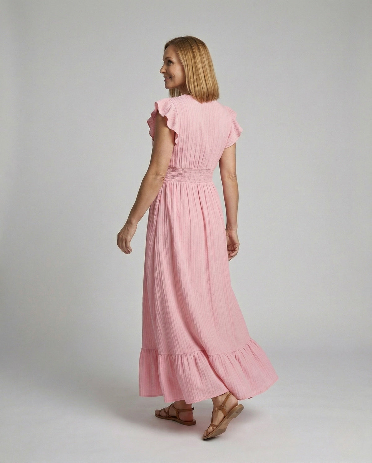 Women's Maxi Dress with V-Neck and Ruffled Sleeves - Back View