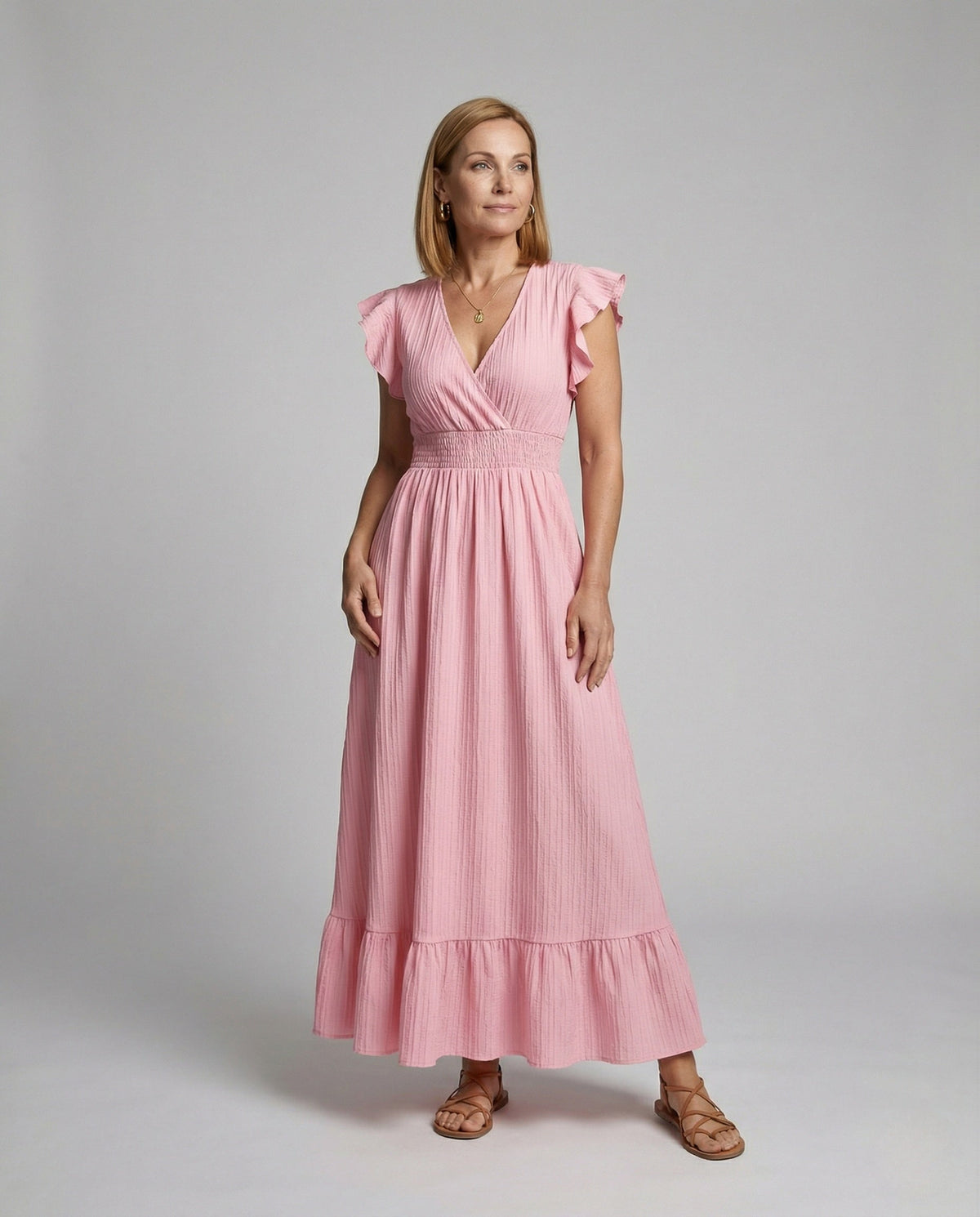 Women's Maxi Dress with V-Neck and Ruffled Sleeves - Front View