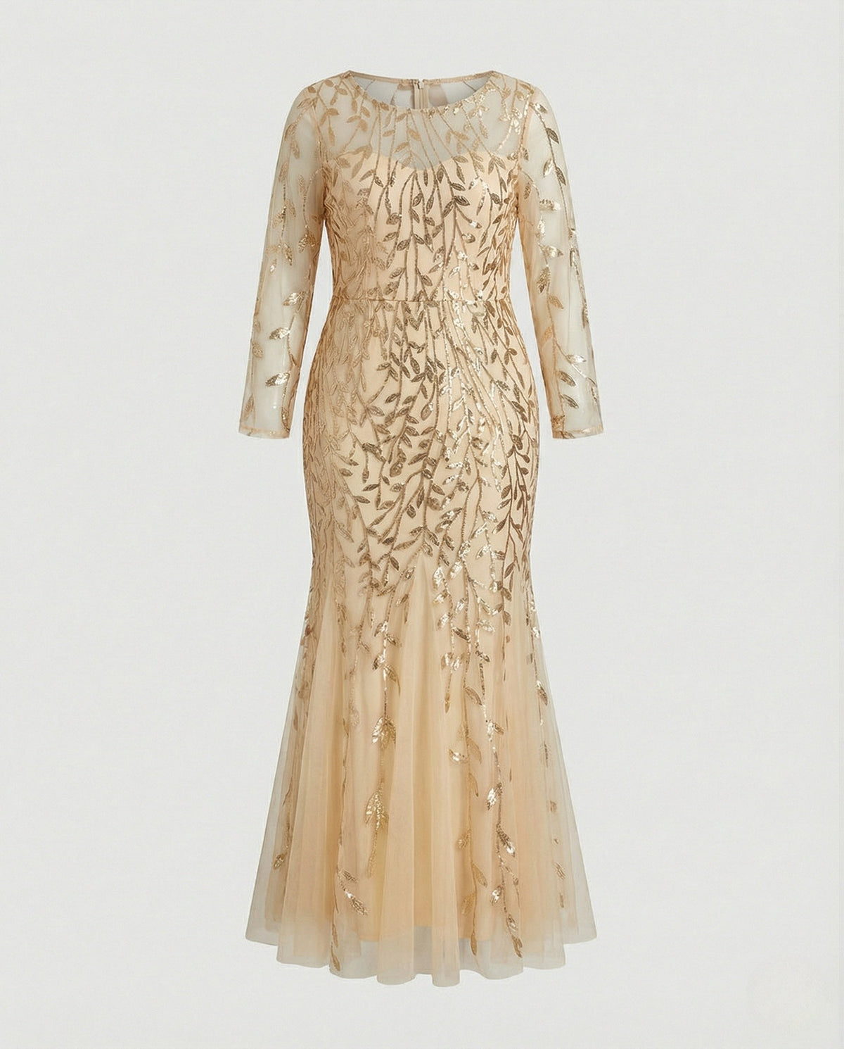 Women's Tulle Evening Dress with Leaf Embroidery, Mermaid Silhouette