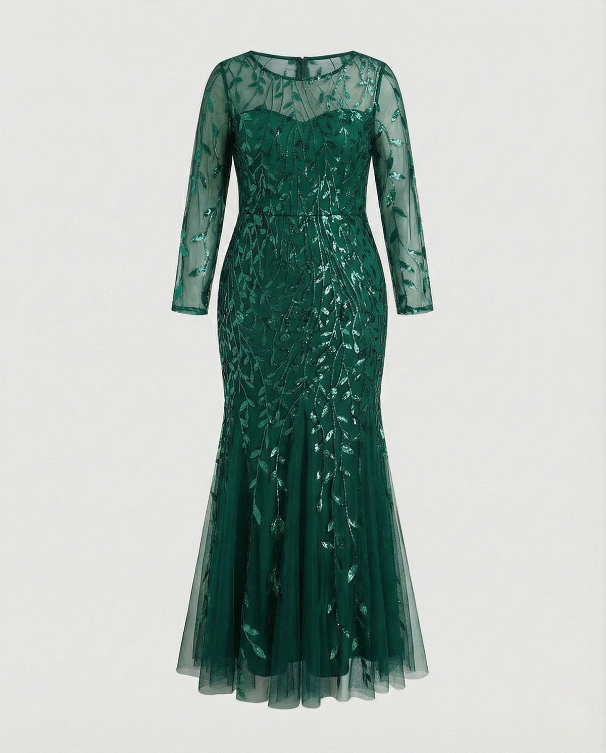 Women's Tulle Evening Dress with Leaf Embroidery, Mermaid Silhouette