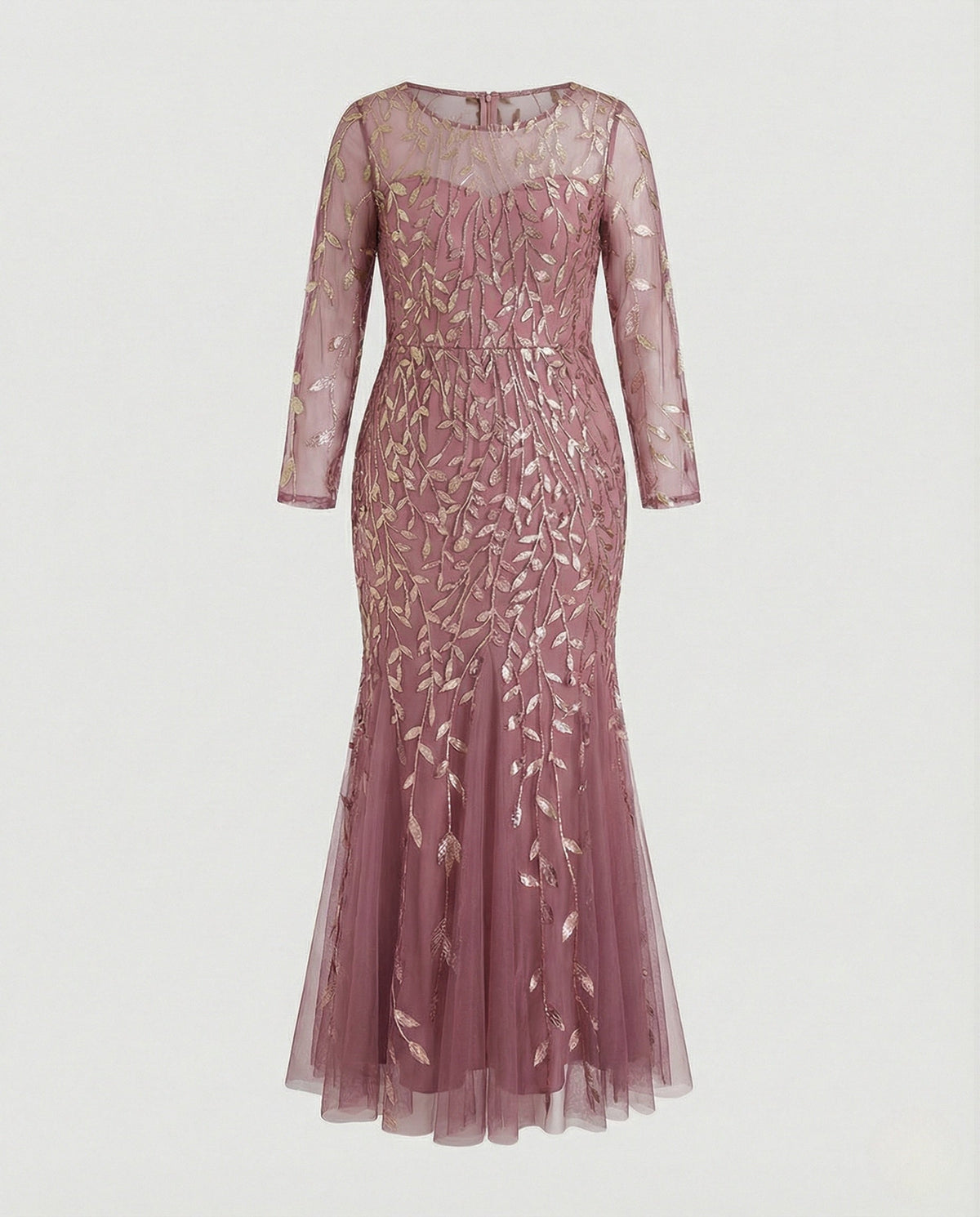 Women's Tulle Evening Dress with Leaf Embroidery, Mermaid Silhouette