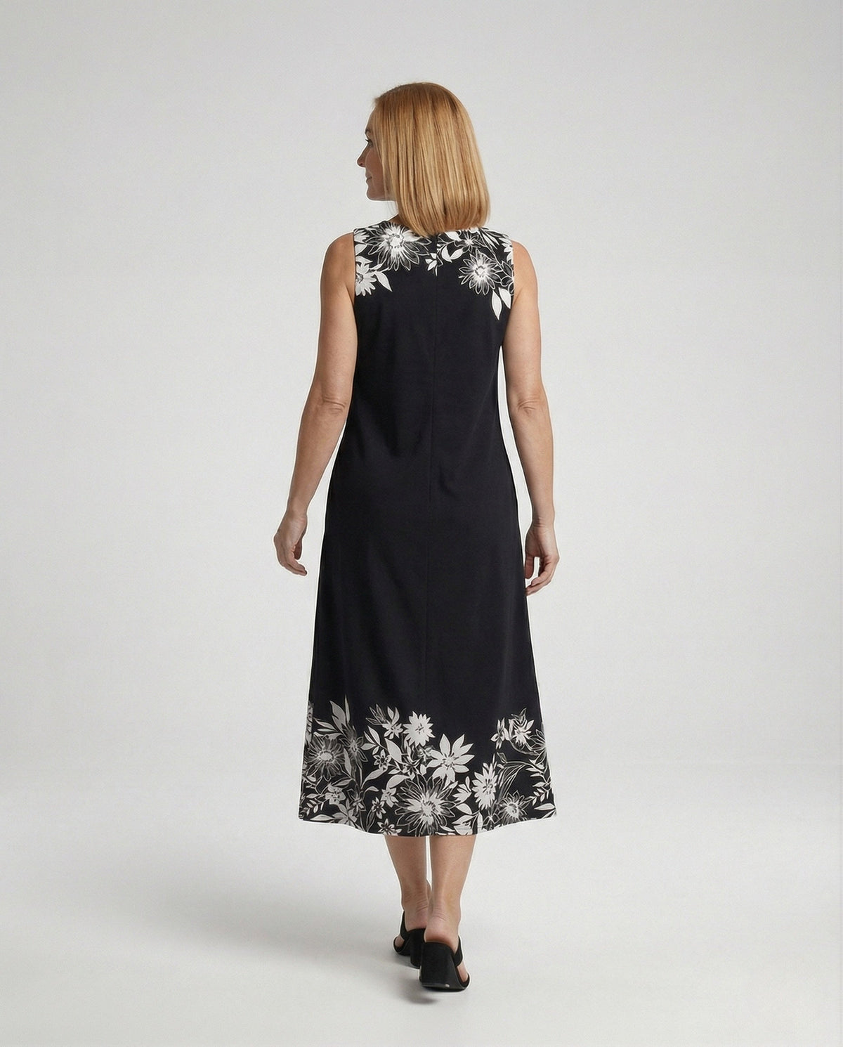 Women's Sleeveless A-Line Midi Dress with Floral Border - Back View