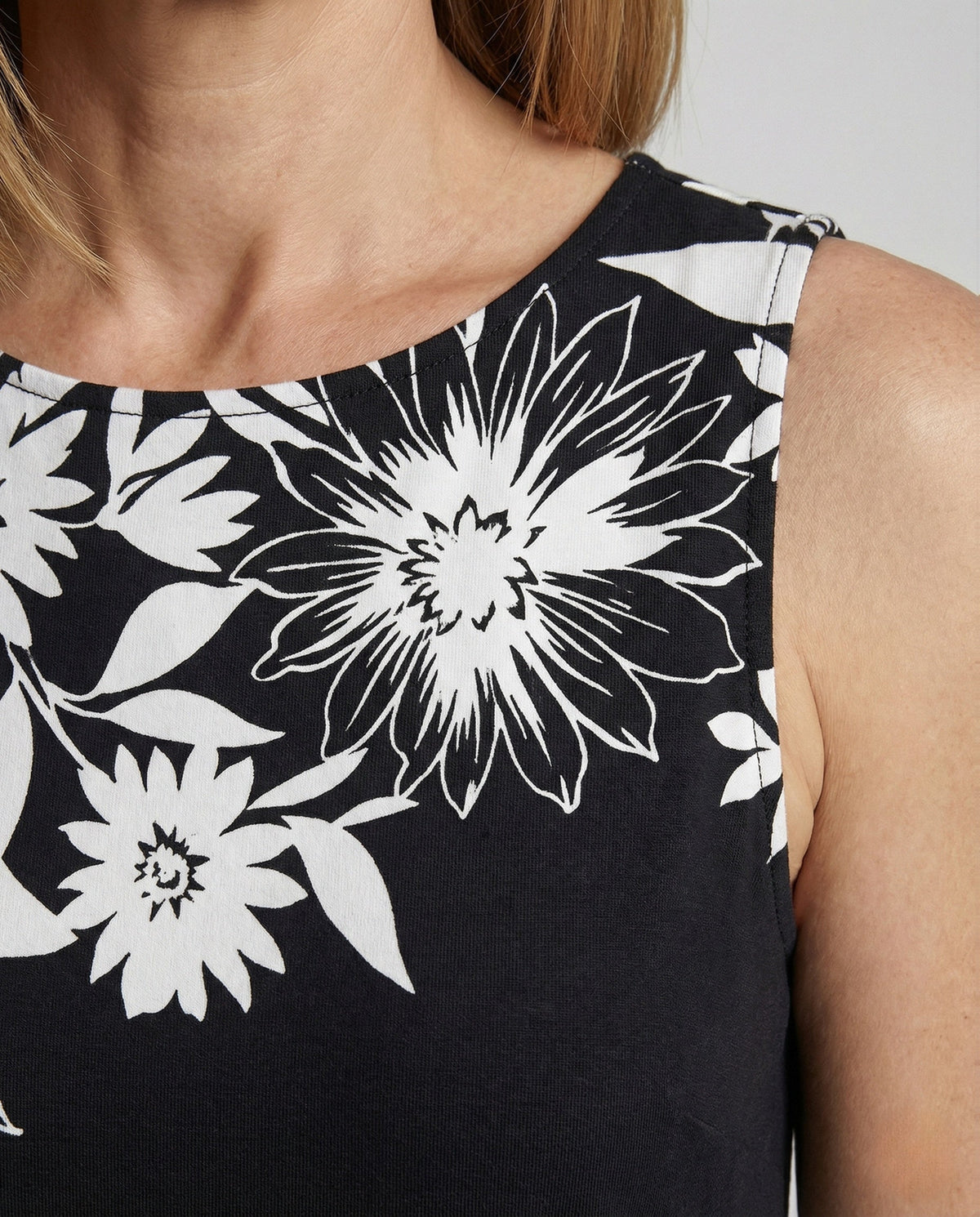 Women's Sleeveless A-Line Midi Dress with Floral Border - Close-Up Detail