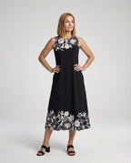 Women's Sleeveless A-Line Midi Dress with Floral Border - Front View