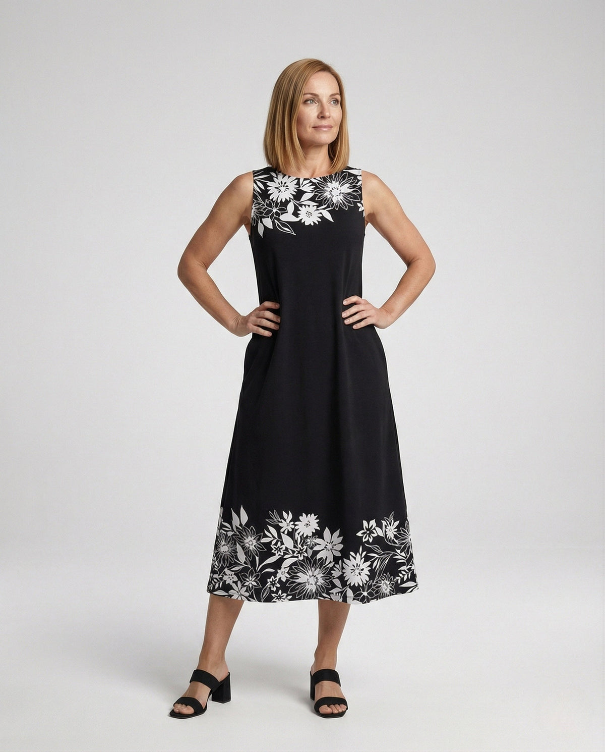 Women's Sleeveless A-Line Midi Dress with Floral Border - Front View