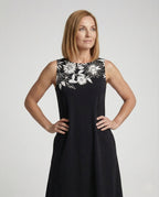 Women's Sleeveless A-Line Midi Dress with Floral Border - Upper Body View