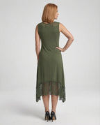 Women's Sleeveless Maxi Dress with Lace Appliqué and Asymmetric Hem - Back View