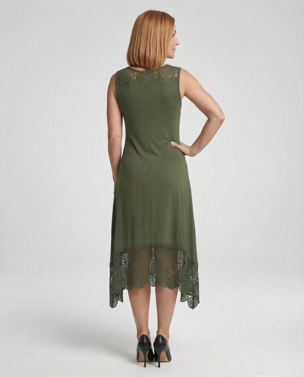 Women's Sleeveless Maxi Dress with Lace Appliqué and Asymmetric Hem - Back View