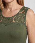 Women's Sleeveless Maxi Dress with Lace Appliqué and Asymmetric Hem - Close-Up Detail