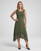 Women's Sleeveless Maxi Dress with Lace Appliqué and Asymmetric Hem - Front View