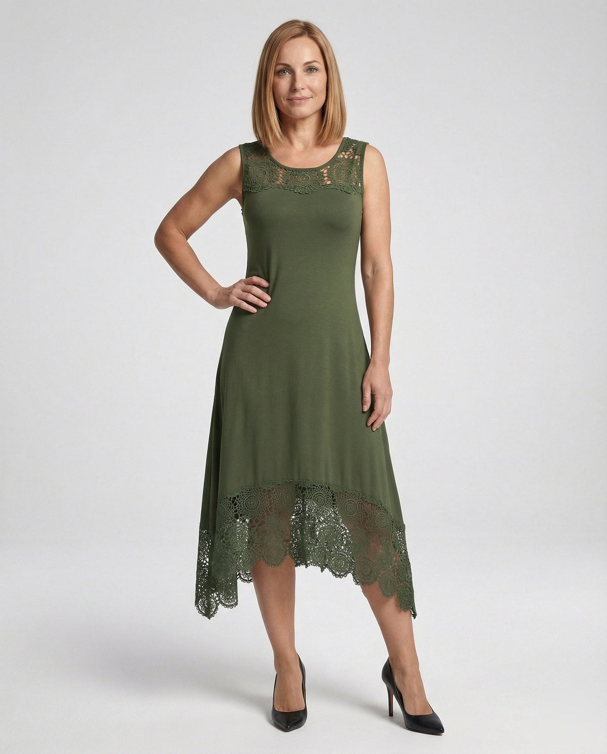 Women's Sleeveless Maxi Dress with Lace Appliqué and Asymmetric Hem - Front View