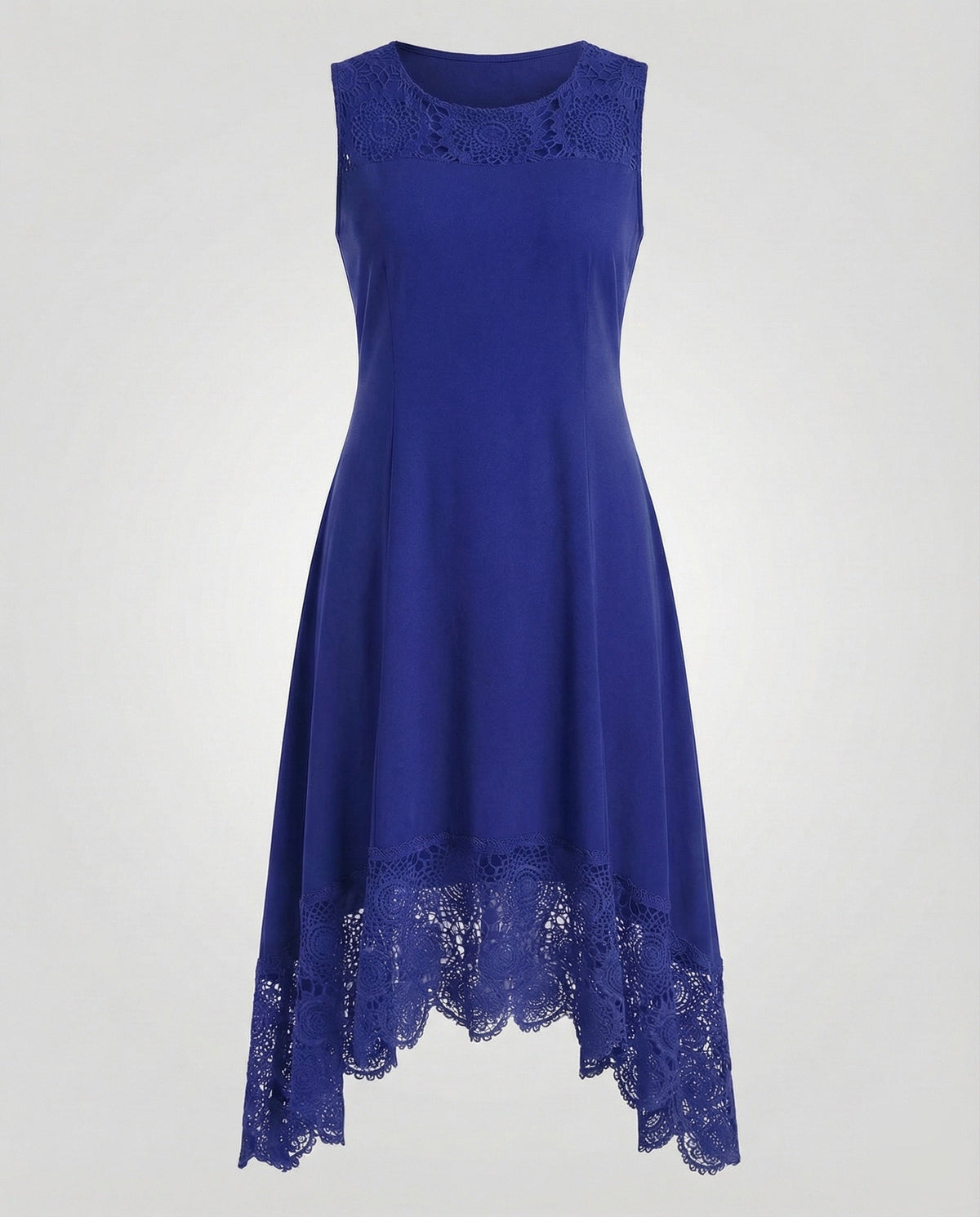 Women's Sleeveless Maxi Dress with Lace Appliqué and Asymmetric Hem