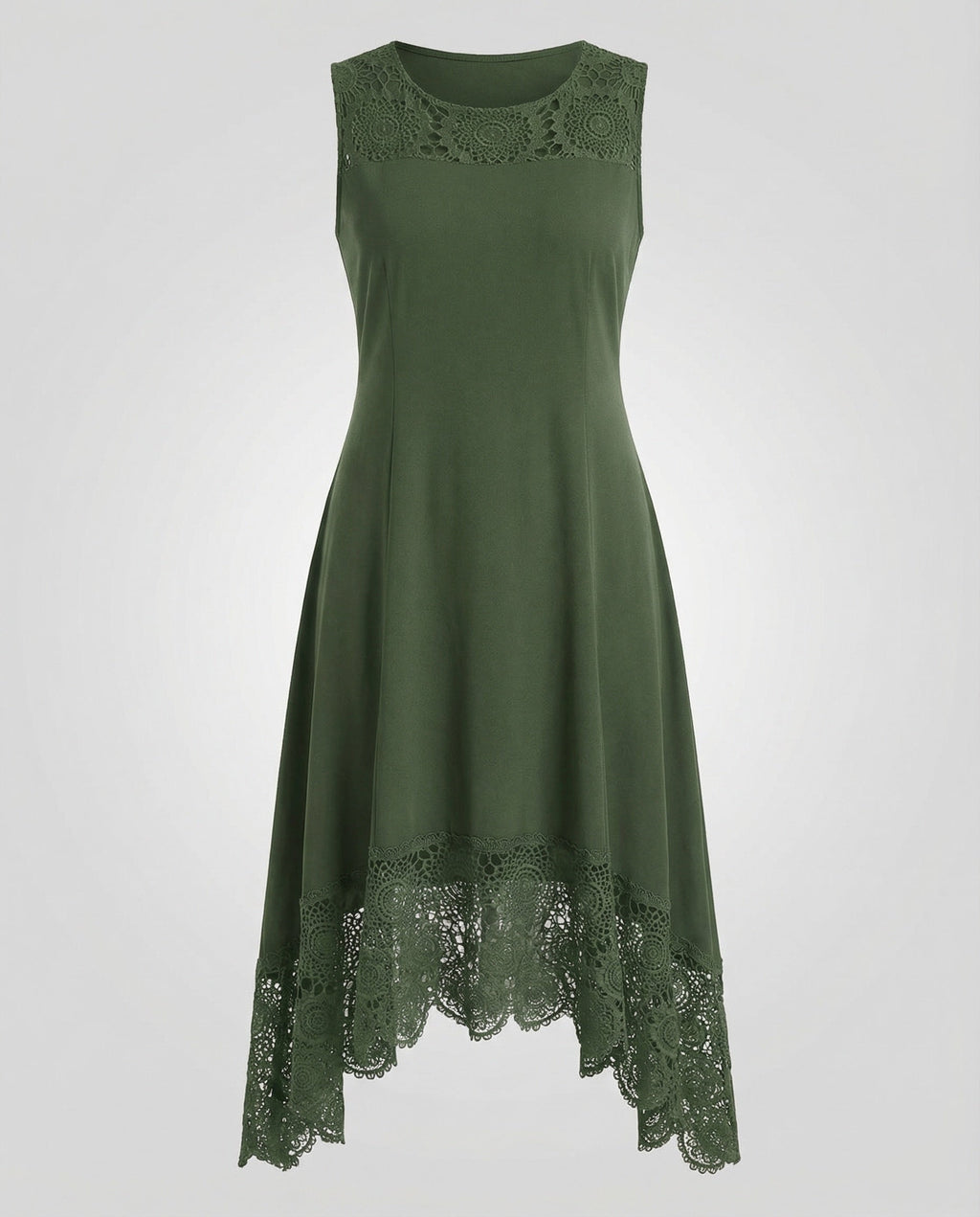 Women's Sleeveless Maxi Dress with Lace Appliqué and Asymmetric Hem