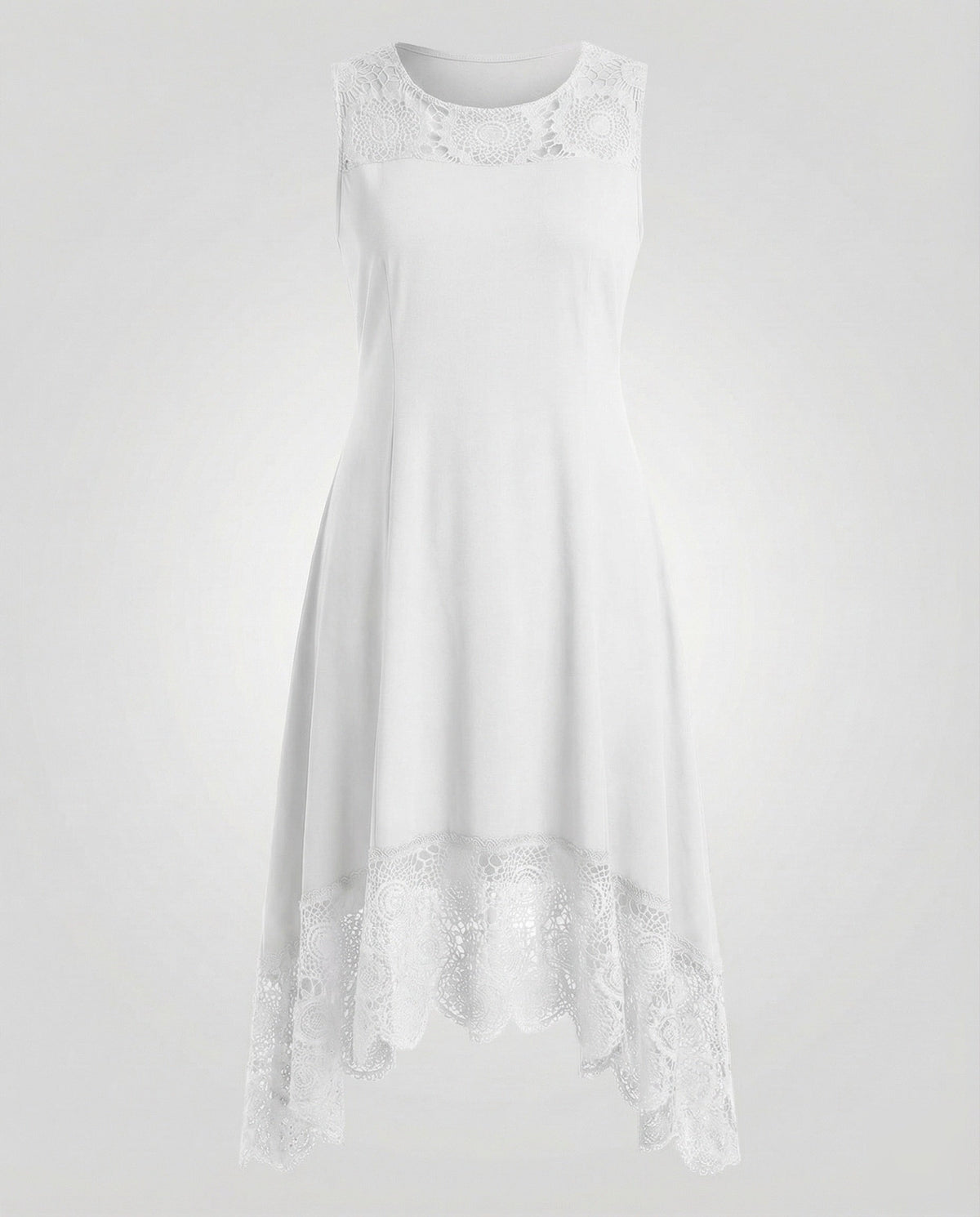 Women's Sleeveless Maxi Dress with Lace Appliqué and Asymmetric Hem