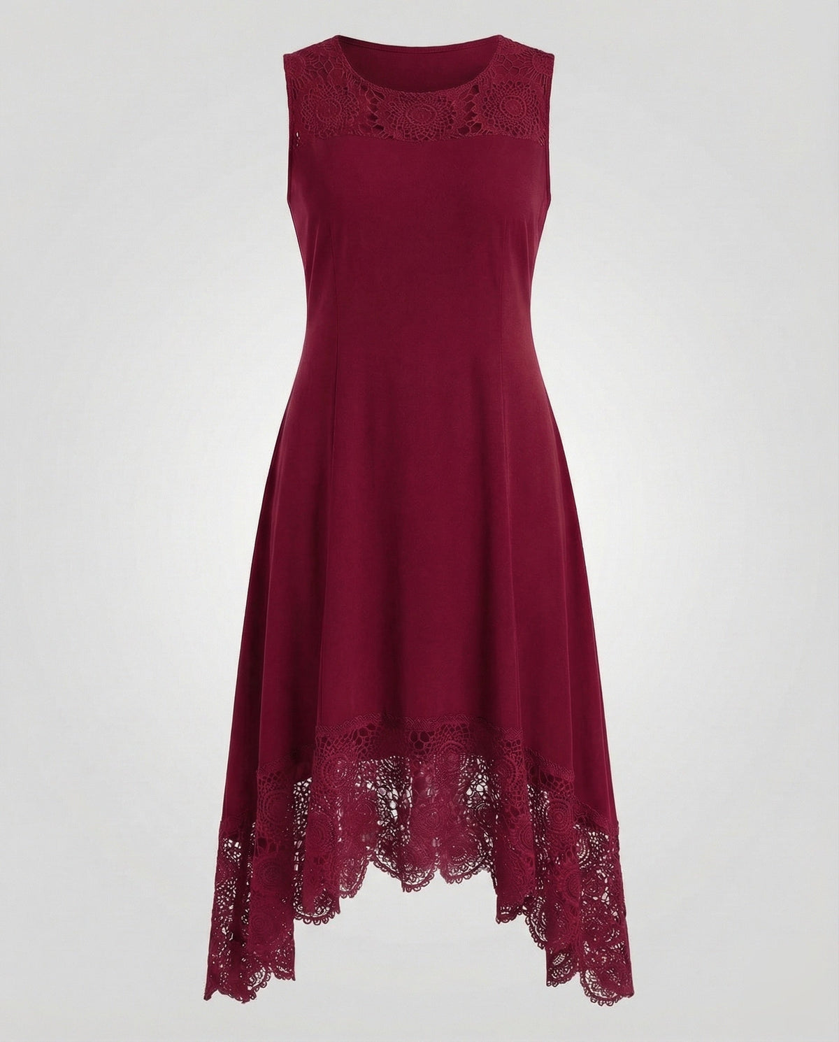 Women's Sleeveless Maxi Dress with Lace Appliqué and Asymmetric Hem