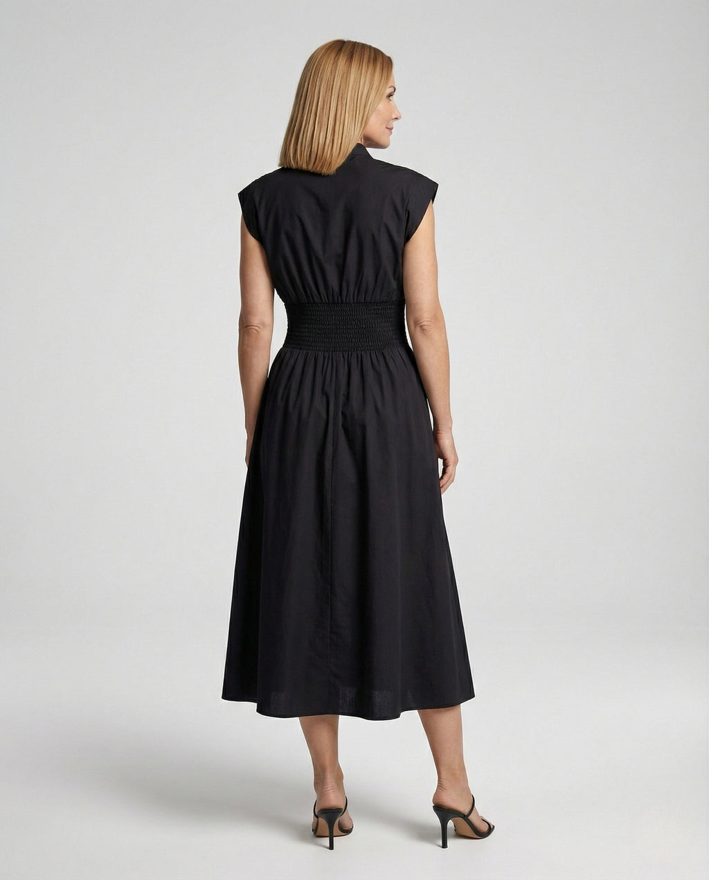 Women's Midi Dress with Front Zipper and Smocked Waist - Back View