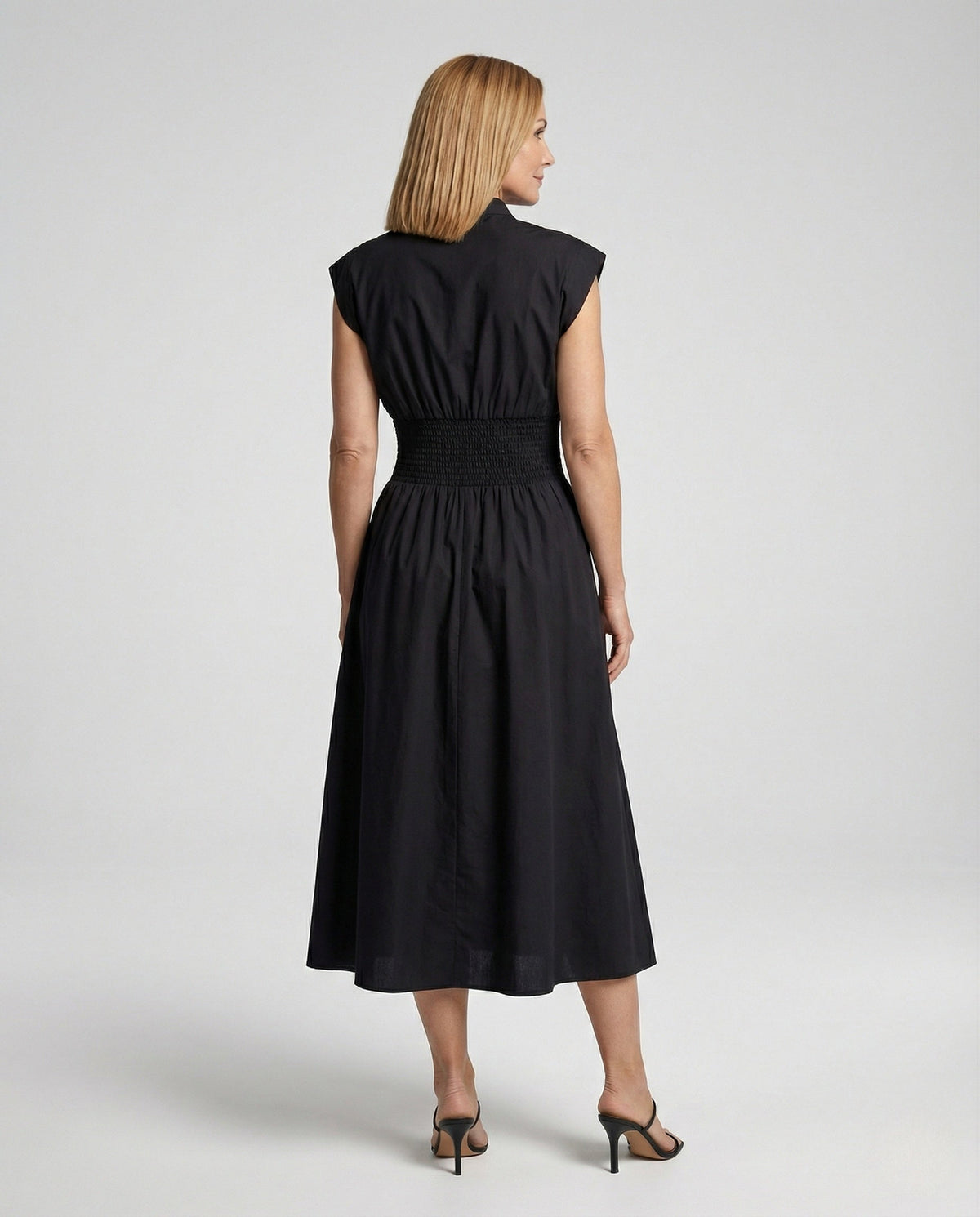 Women's Midi Dress with Front Zipper and Smocked Waist - Back View