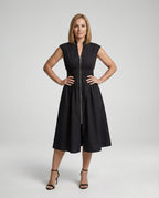 Women's Midi Dress with Front Zipper and Smocked Waist - Front View