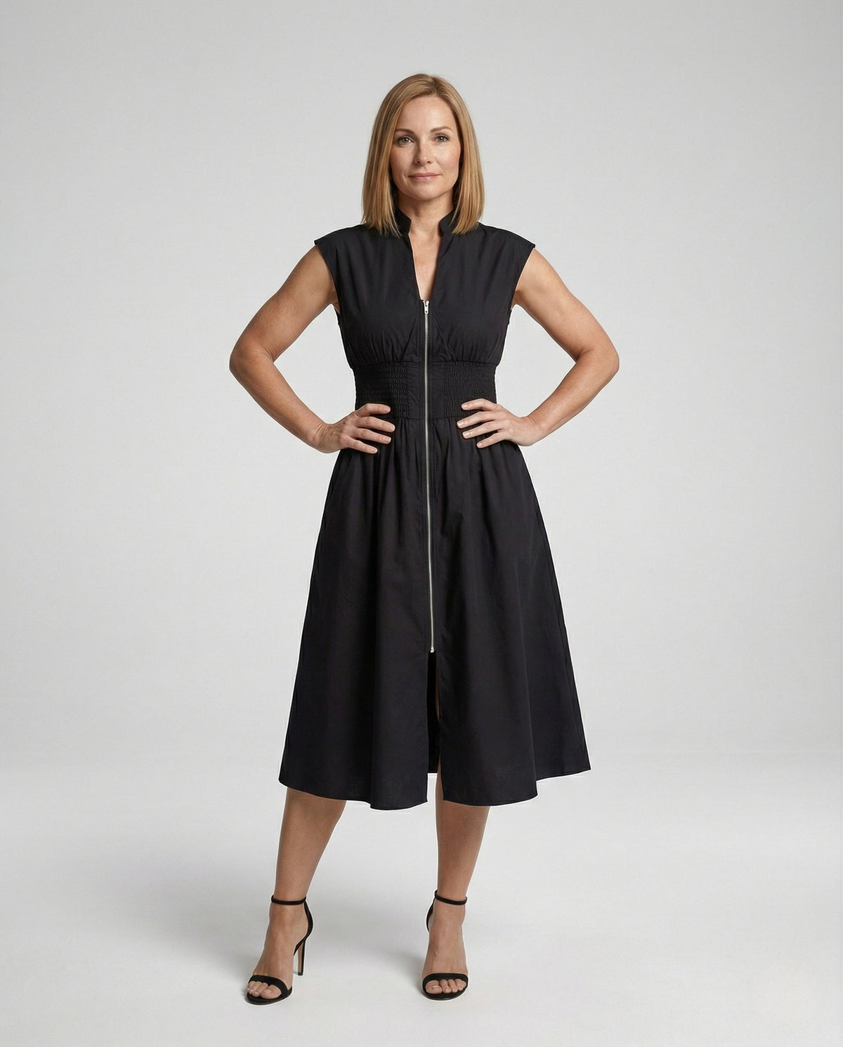 Women's Midi Dress with Front Zipper and Smocked Waist - Front View