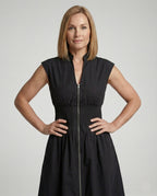 Women's Midi Dress with Front Zipper and Smocked Waist - Upper Body View