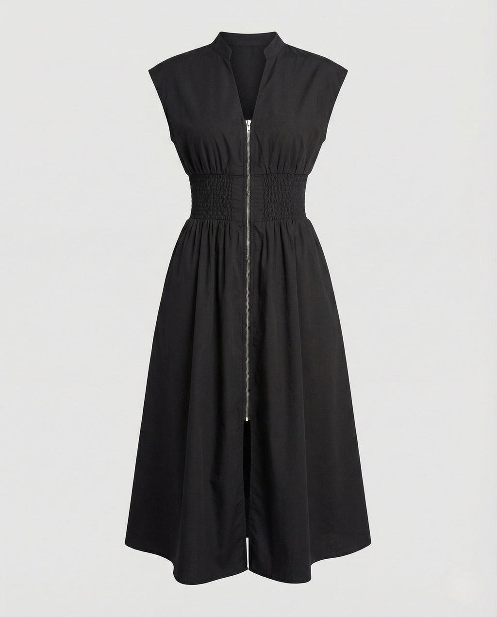 Women's Midi Dress with Front Zipper and Smocked Waist