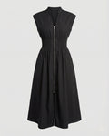 Women's Midi Dress with Front Zipper and Smocked Waist