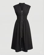 Women's Midi Dress with Front Zipper and Smocked Waist