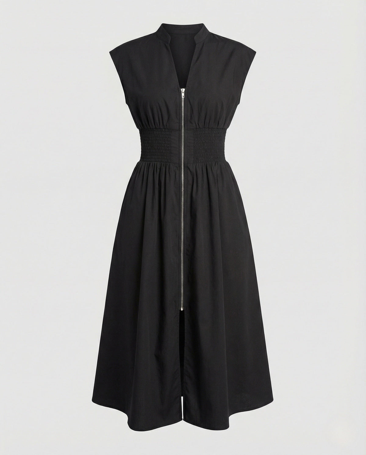 Women's Midi Dress with Front Zipper and Smocked Waist