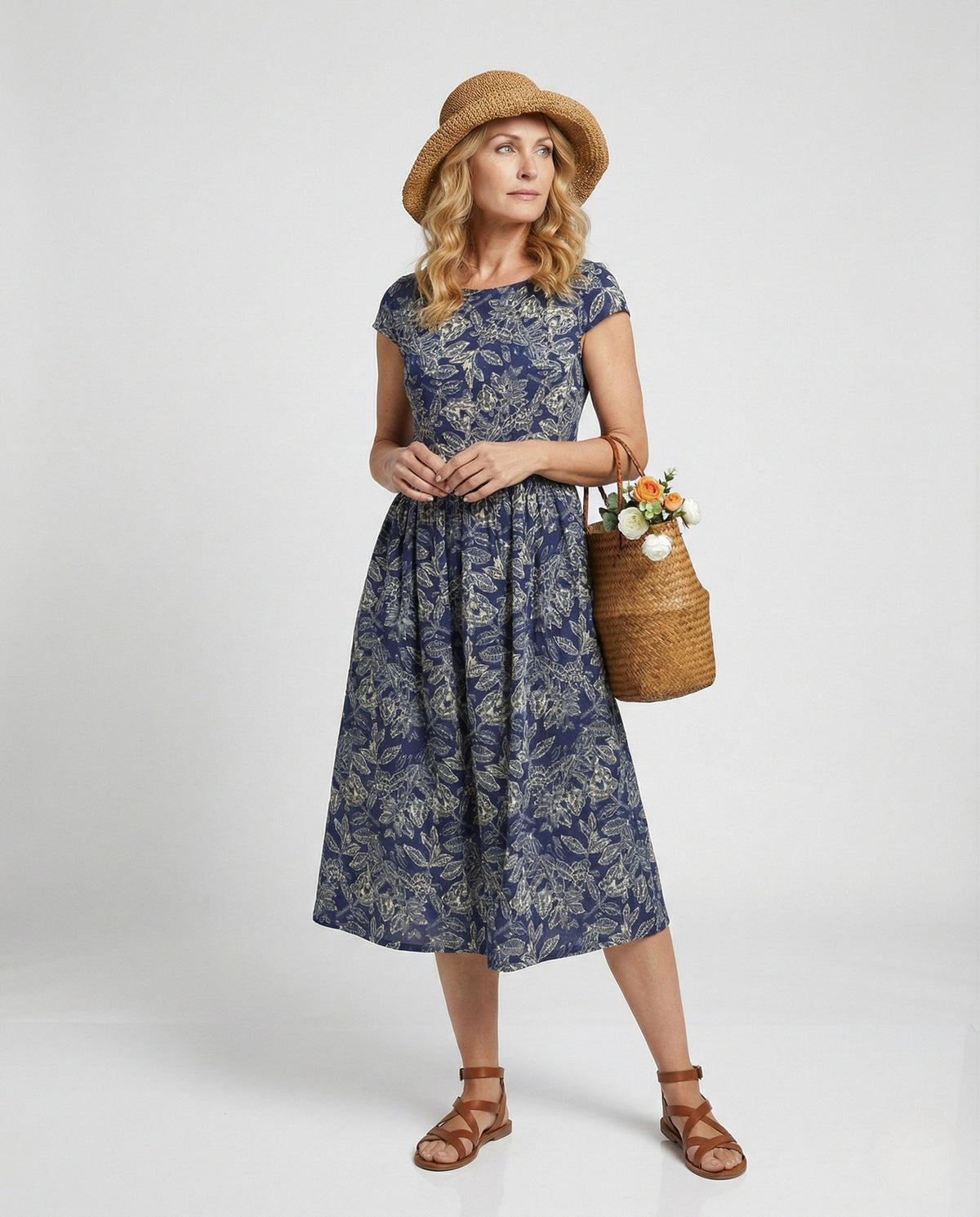 Women's Floor-Length Beach Dress with Botanical Print - Front View