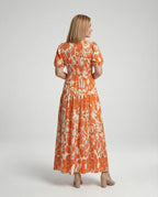 Women's Midi Dress with Smocked Waist and Balloon Sleeves - Back View