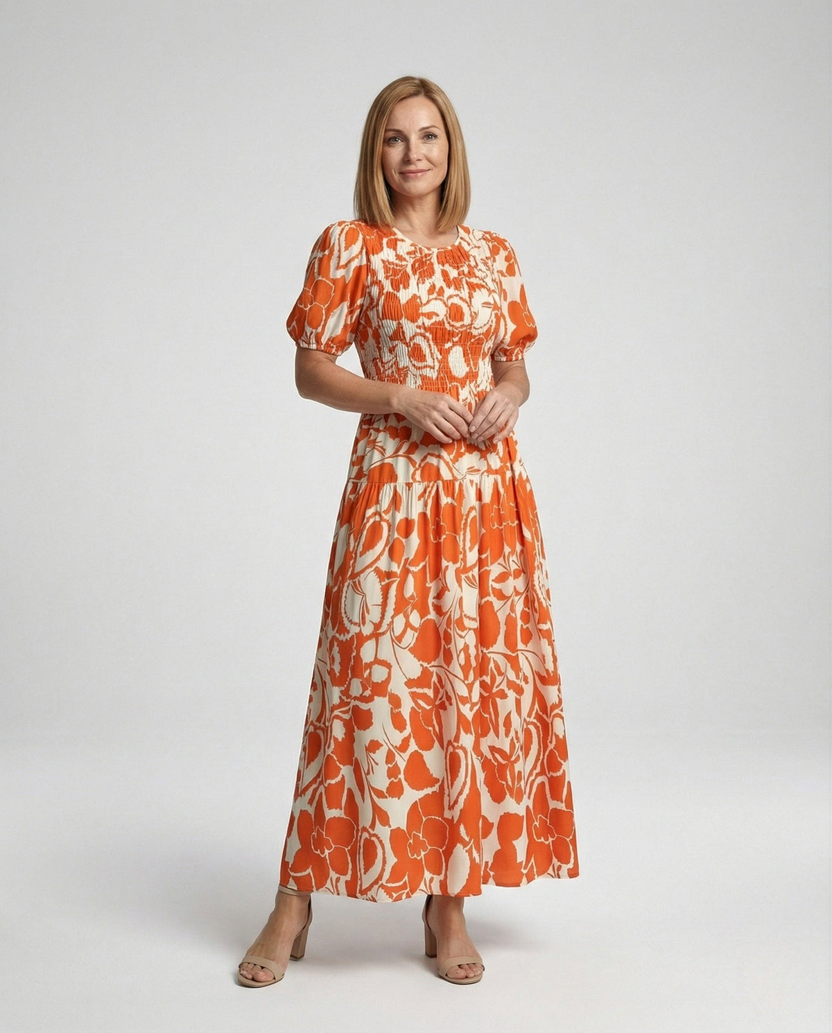 Women's Midi Dress with Smocked Waist and Balloon Sleeves - Front View