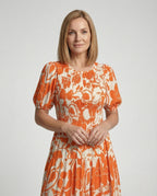 Women's Midi Dress with Smocked Waist and Balloon Sleeves - Upper Body View