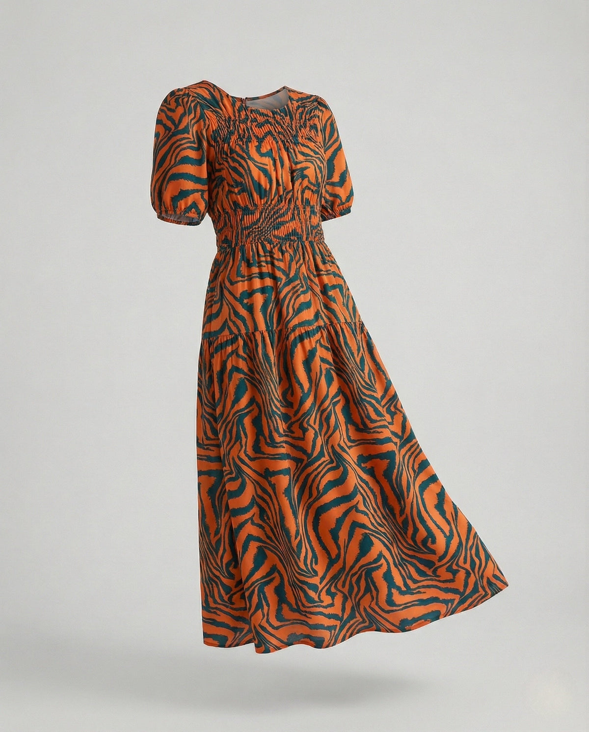 Women's Midi Dress with Smocked Waist and Balloon Sleeves