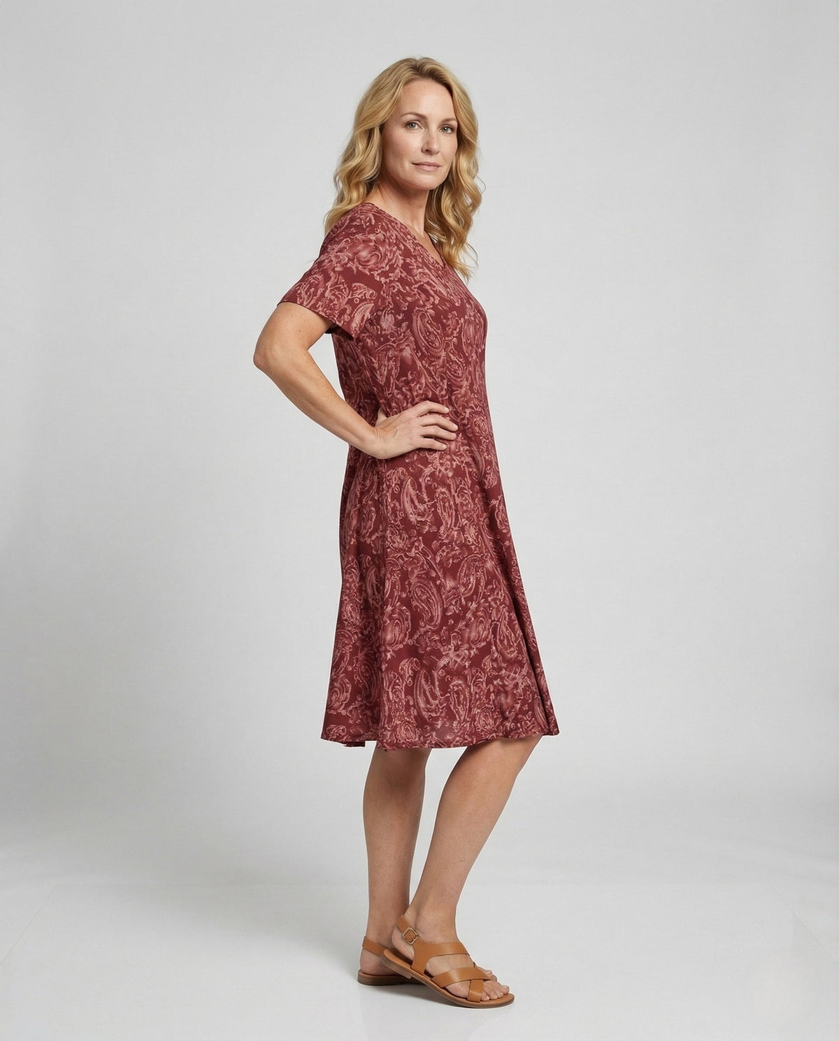 Women's Knee-Length A-Line Dress with Ornament Print - Front View