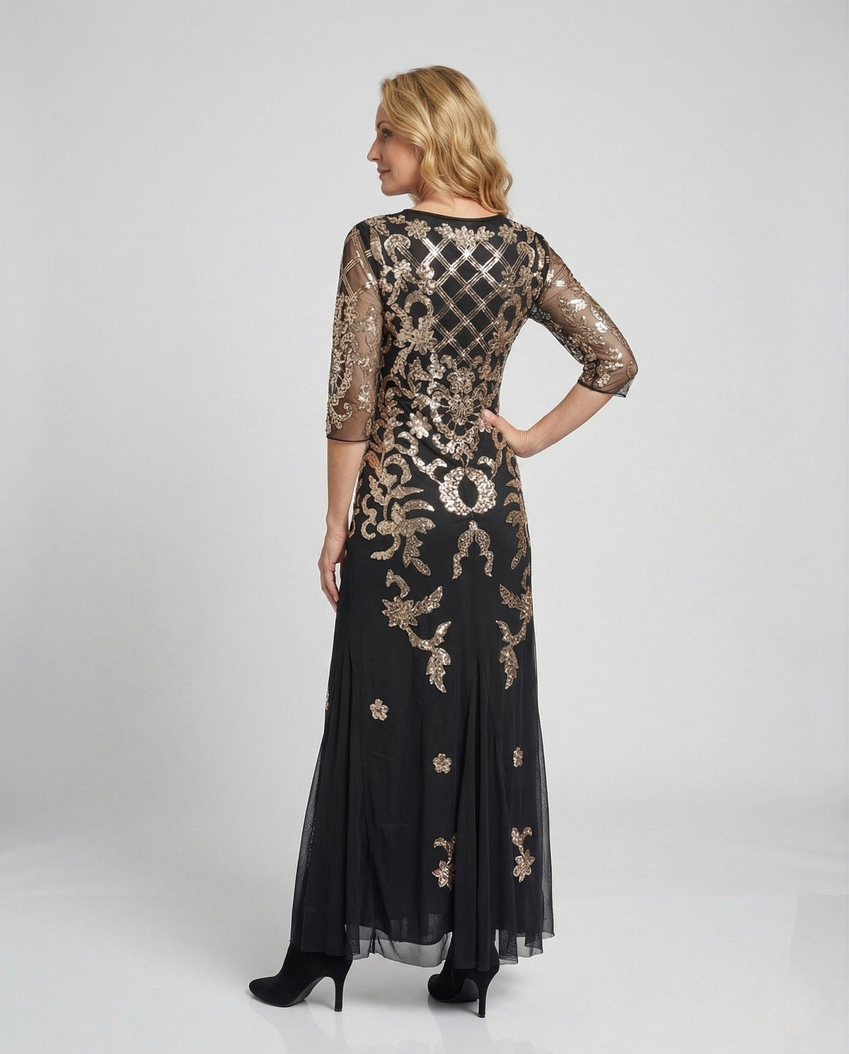 Women's Embroidered Evening Dress with Mesh and Embroidery - Back View