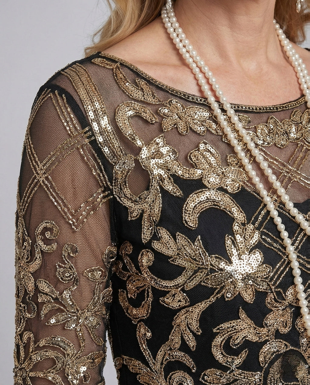 Women's Embroidered Evening Dress with Mesh and Embroidery - Close-Up Detail