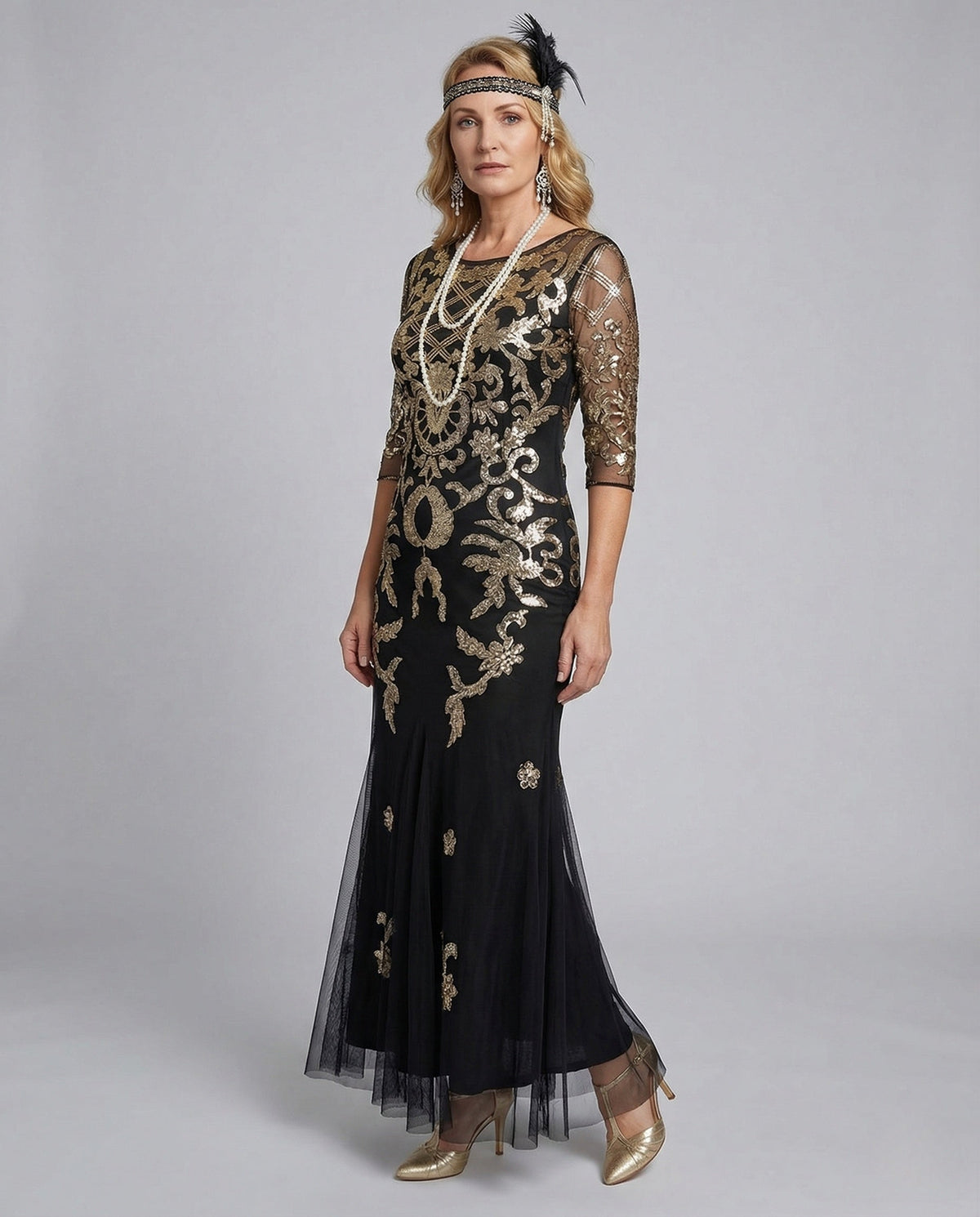 Women's Embroidered Evening Dress with Mesh and Embroidery - Front View