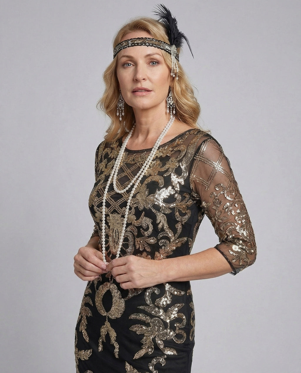 Women's Embroidered Evening Dress with Mesh and Embroidery - Upper Body View