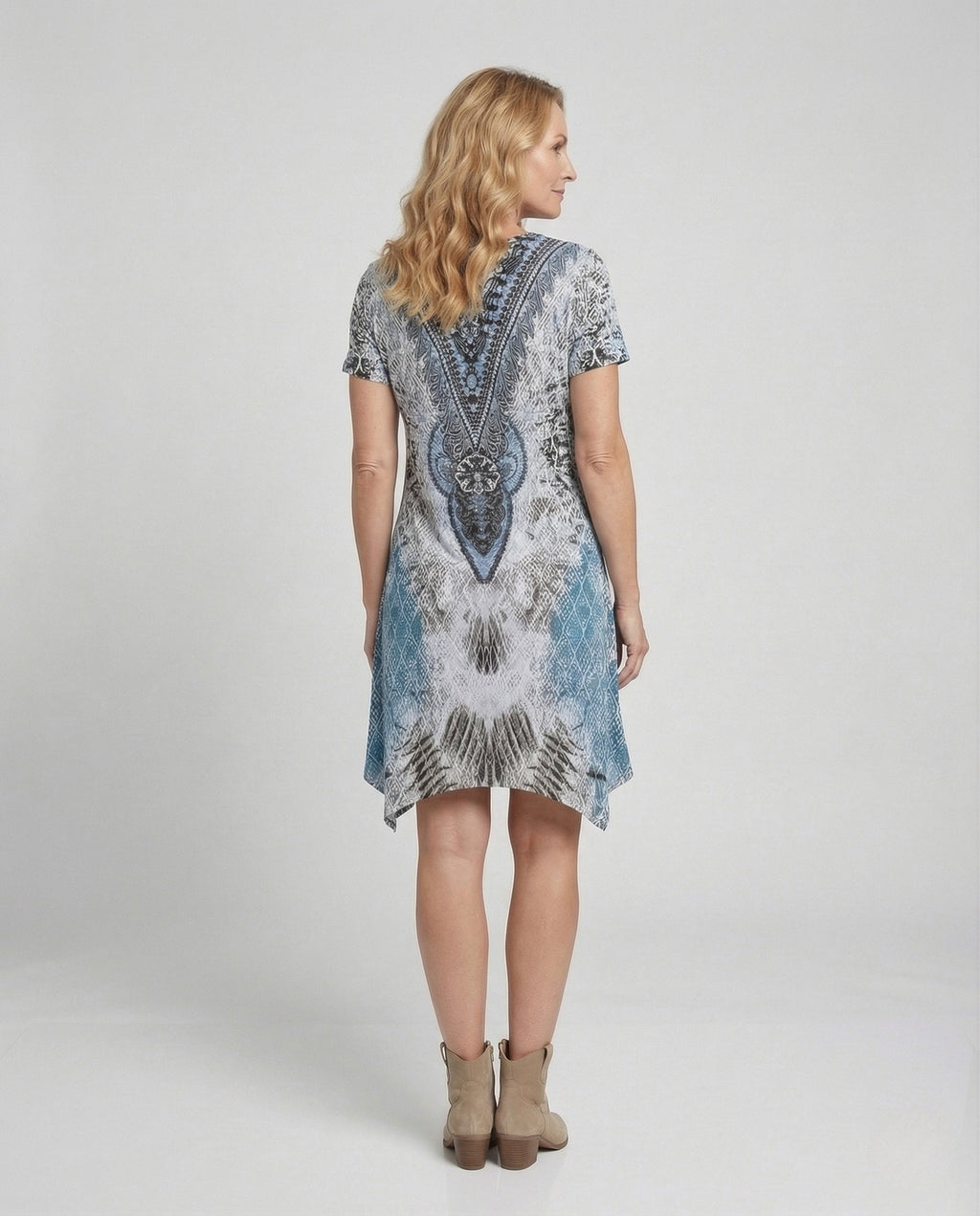 Women's Tunic Dress with Ornamental Pattern and Leg Slit - Back View