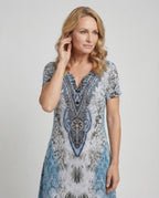 Women's Tunic Dress with Ornamental Pattern and Leg Slit - Upper Body View