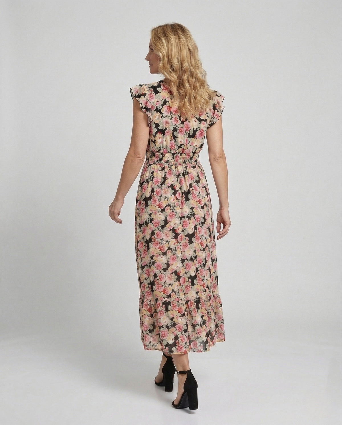Women's Wrap Maxi Dress with Ruffle Tier - Back View